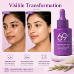 Before and after comparison of a woman's face with a purple bottle labeled '69BC' on a pink background.