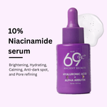 Purple serum bottle with dropper labeled '69BC' on a white background