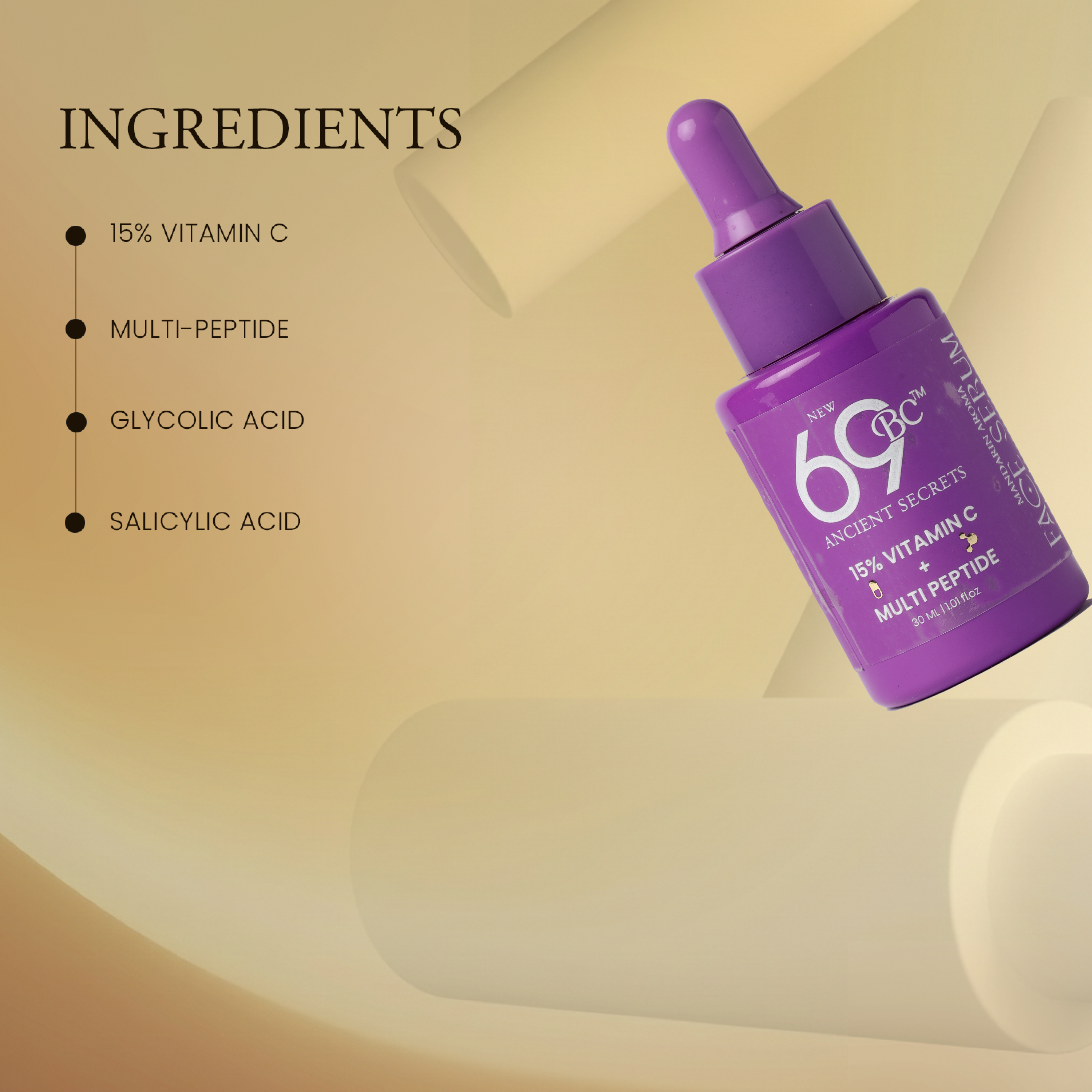 Purple skincare dropper bottle with ingredients listed on a beige background