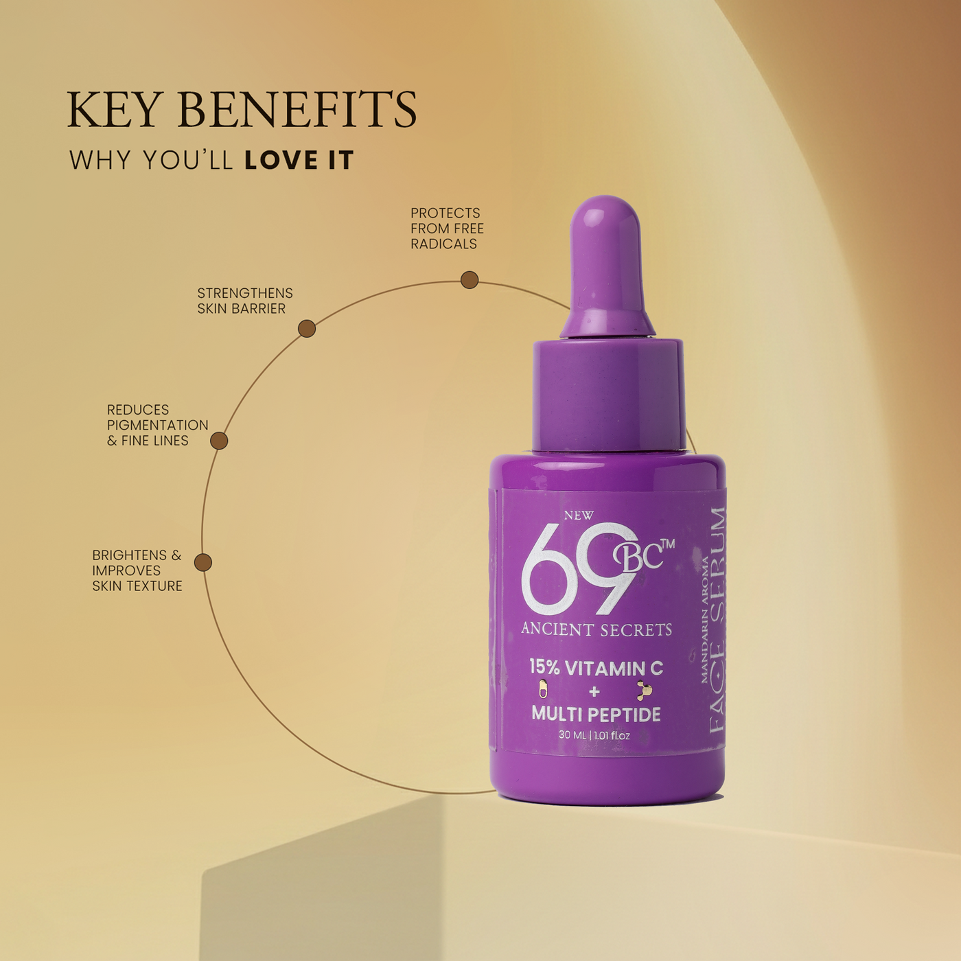Purple skincare serum bottle with text highlighting key benefits on a beige background