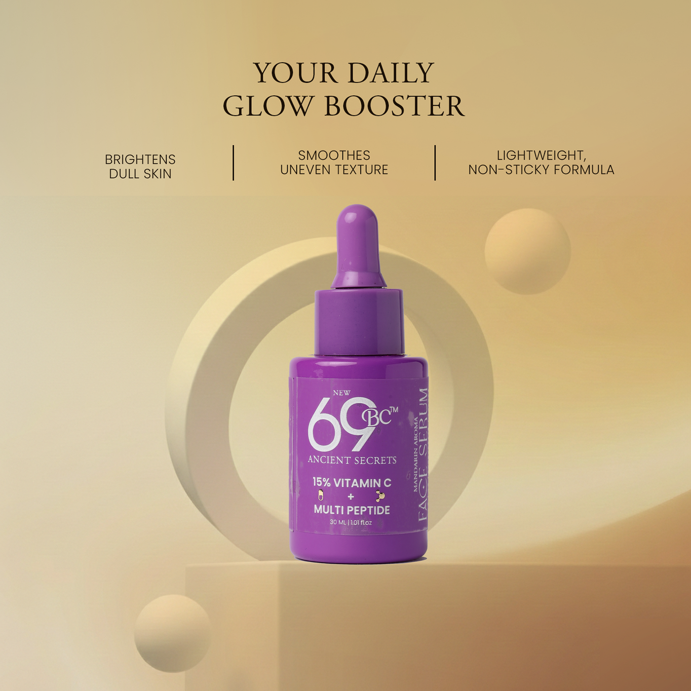 Purple bottle with a dropper labeled '69' on a beige background