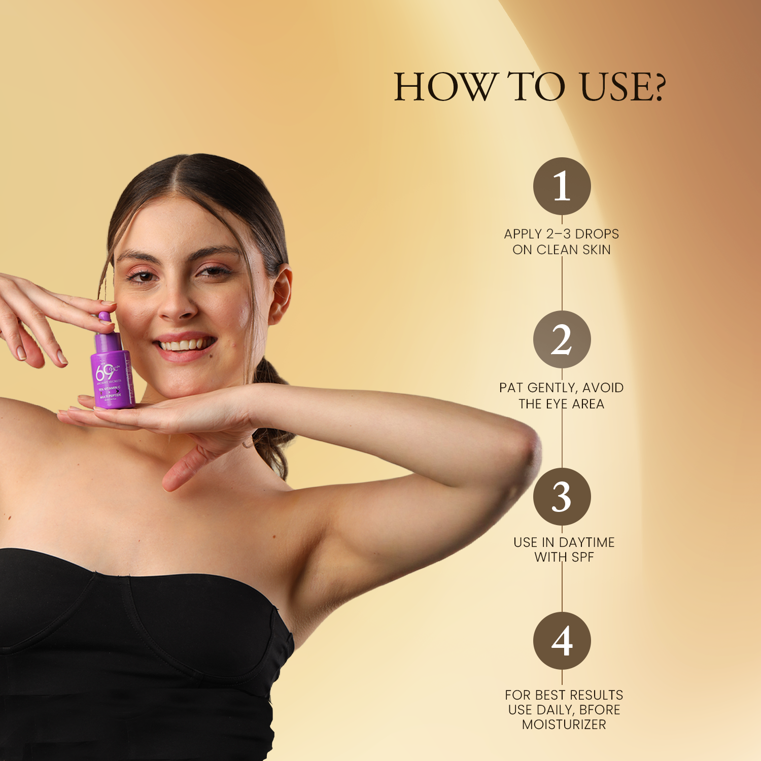 Woman holding a dropper with skincare product and instructions on how to use it.
