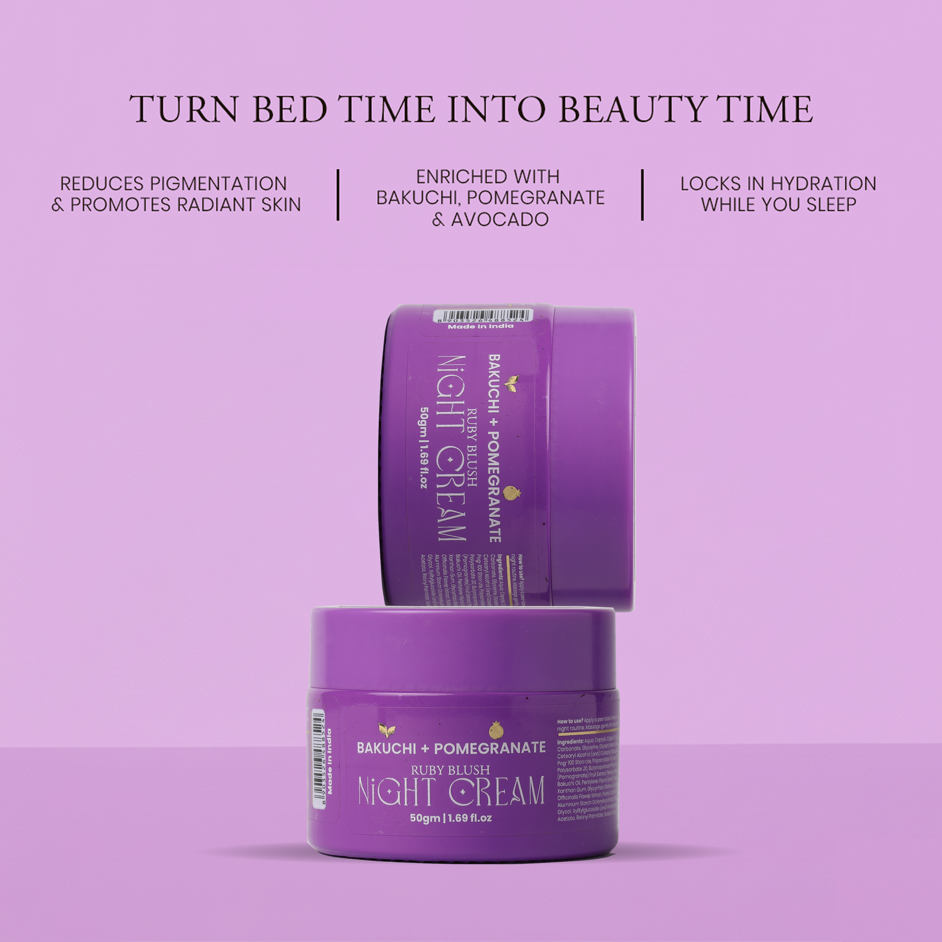 Two purple jars of night cream on a light purple background with text about the product's benefits.