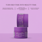 Two purple jars of night cream on a light purple background with text about the product's benefits.