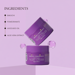 Purple night cream jars with ingredients listed on a light purple background