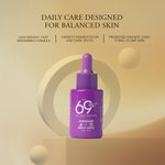 Purple skincare bottle with dropper on a beige background, featuring text about daily care for balanced skin.