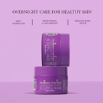 Two purple jars of sleeping mask on a light purple background with text about skincare benefits.